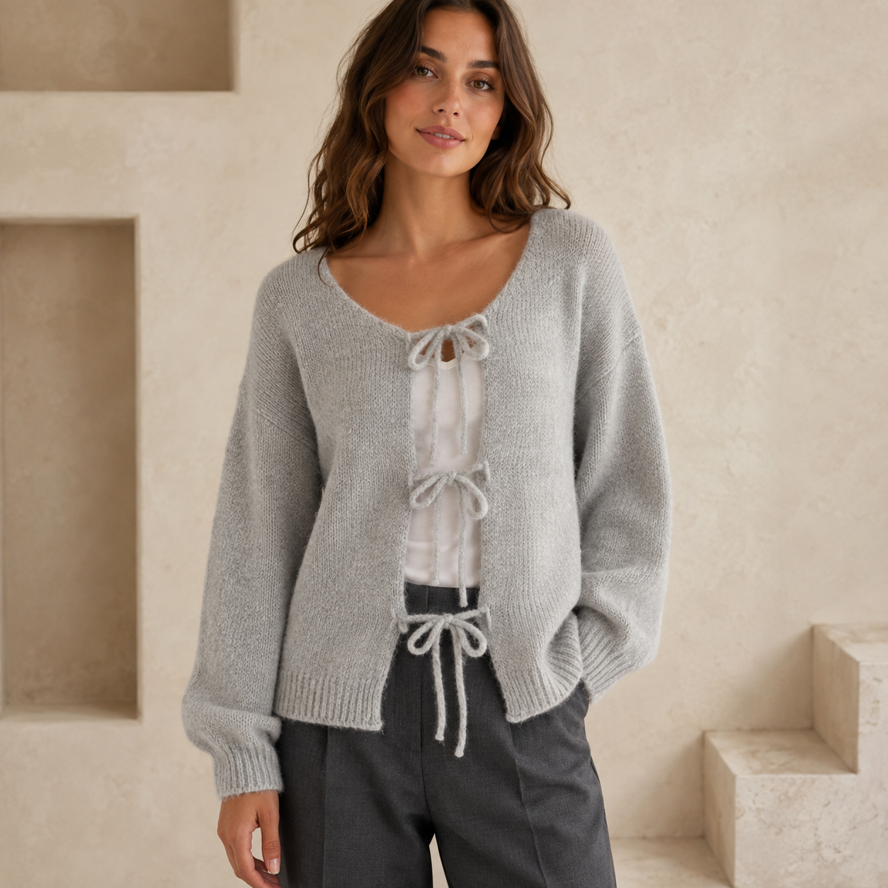 Donna Trui | Dames gebreide trui met strik en romantische lantern mouwen
