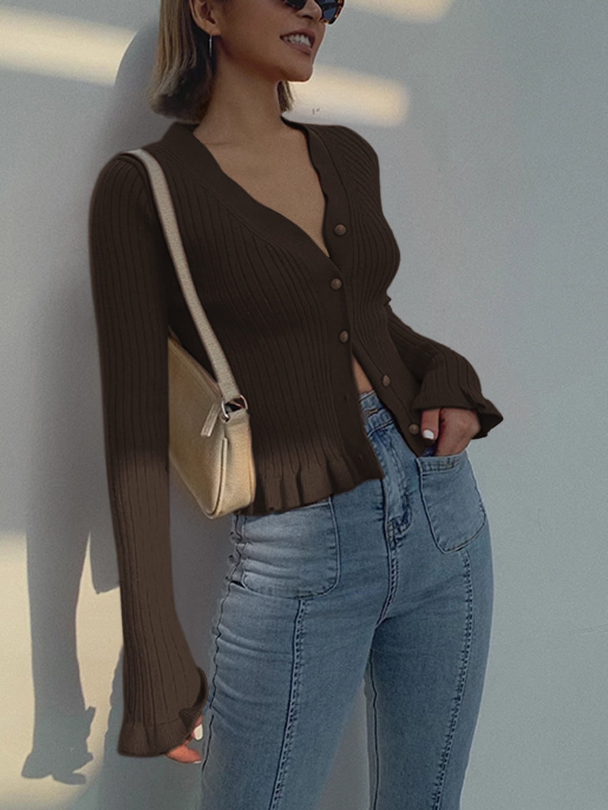 Lucie | Dames cardigan met rimpelrand en parelsluiting