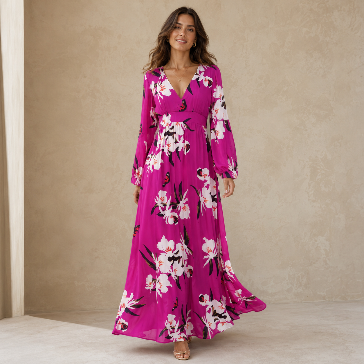 Dames V-Hals Maxi Jurk – Comfortabel, Bloemenprint, Geschikt voor Dag- en Avondkleding