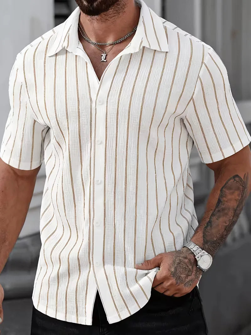 Men's Two-Tone Striped Short Sleeve Shirt in Beige/White