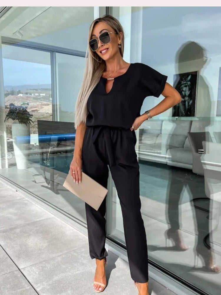Monique - Jumpsuit Met Korte Mouwen En Ceintuur