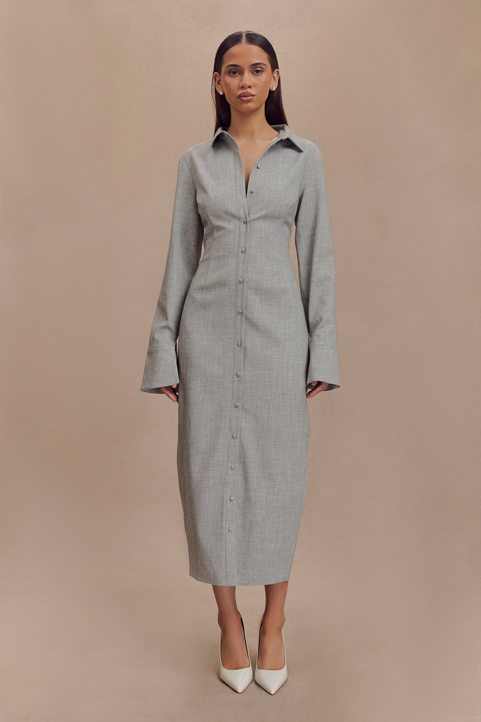 Nisa midi jurk dames | Getailleerde shirtjurk met kraag en elegante pasvorm