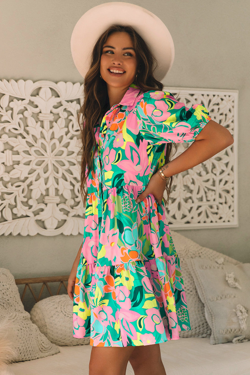Paloma - Jurk Met Bloemen En Pofmouwen