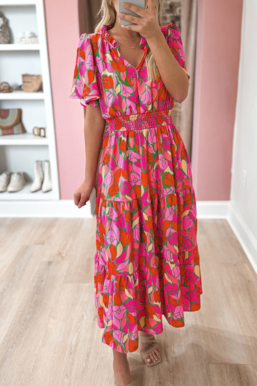 Pamela - Maxi Jurk Met Bloemenprint En Korte Mouwen