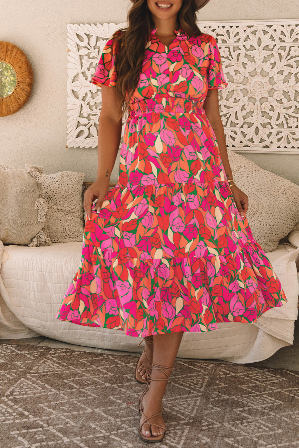 Pamela - Maxi Jurk Met Bloemenprint En Korte Mouwen