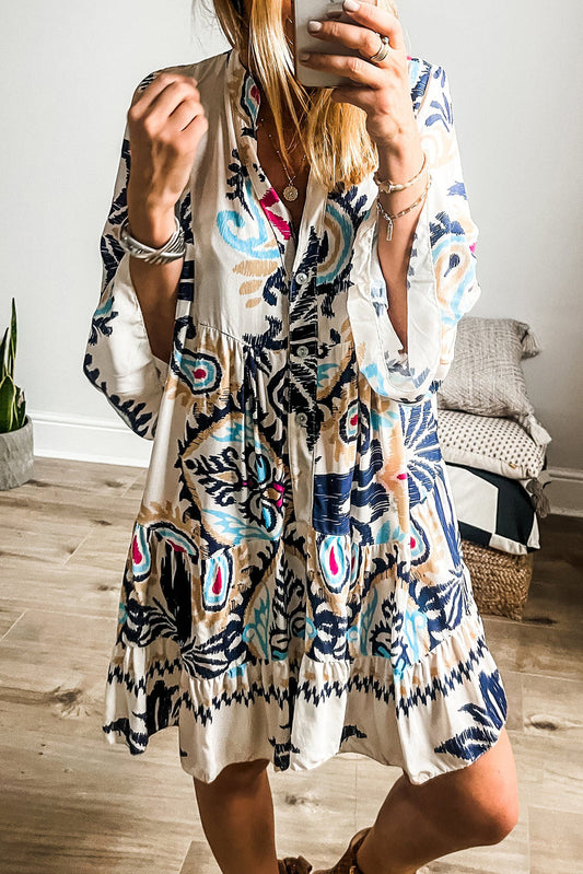 Pandora - Tribal Print Armband Mouw Knoop Mini Jurk