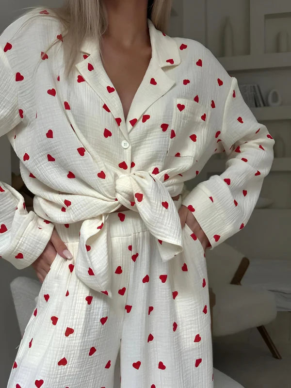 Pyjamaset dames katoen | Comfortabele pyjama met hartjesprint en ademende stof