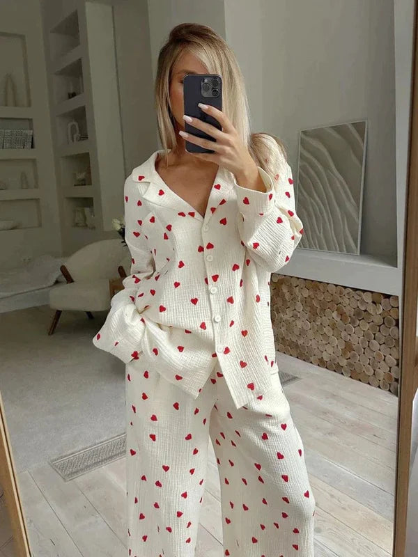 Pyjamaset dames katoen | Comfortabele pyjama met hartjesprint en ademende stof