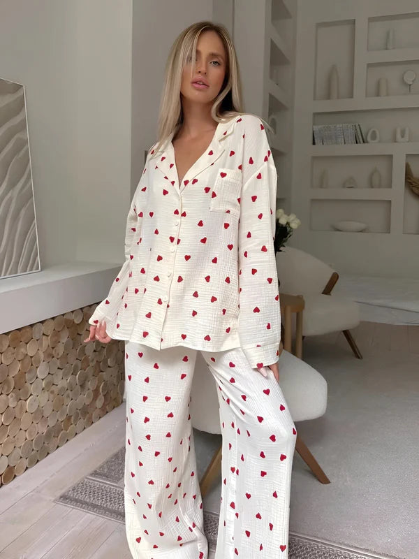 Pyjamaset dames katoen | Comfortabele pyjama met hartjesprint en ademende stof