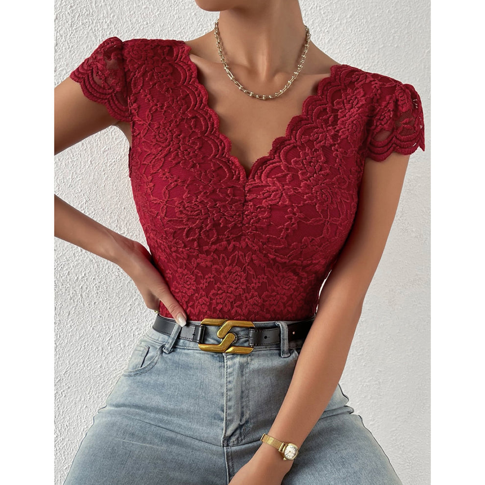Risha - Bodycon Korte Mouw V-Hals Kant Bodysuits