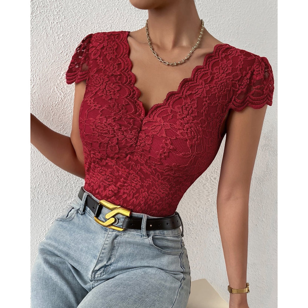Risha - Bodycon Korte Mouw V-Hals Kant Bodysuits