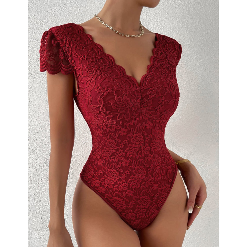 Risha - Bodycon Korte Mouw V-Hals Kant Bodysuits