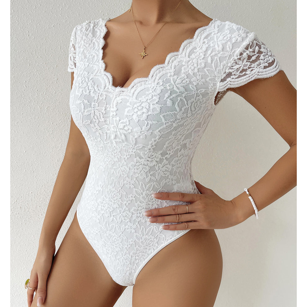 Risha - Bodycon Korte Mouw V-Hals Kant Bodysuits