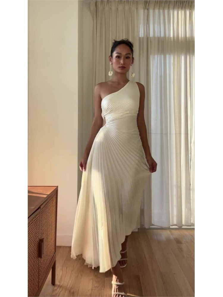 Maxi-jurk Dames – Eénschouder Plisséjurk met Asymmetrische Zoom voor Zomer Elegantie