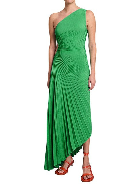 Maxi-jurk Dames – Eénschouder Plisséjurk met Asymmetrische Zoom voor Zomer Elegantie