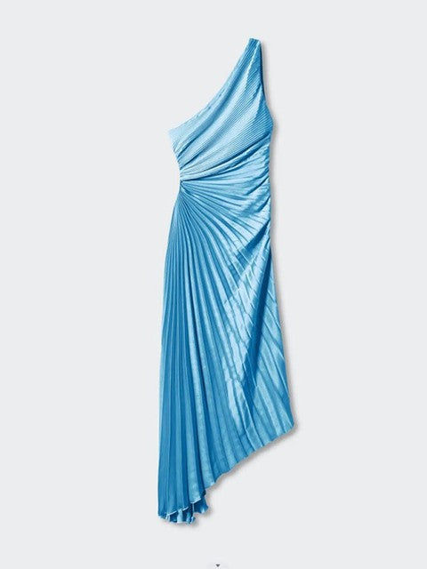 Maxi-jurk Dames – Eénschouder Plisséjurk met Asymmetrische Zoom voor Zomer Elegantie