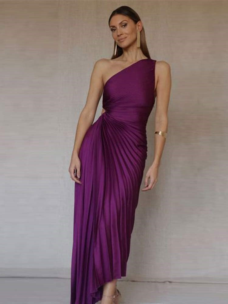 Maxi-jurk Dames – Eénschouder Plisséjurk met Asymmetrische Zoom voor Zomer Elegantie