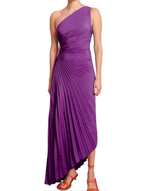 Maxi-jurk Dames – Eénschouder Plisséjurk met Asymmetrische Zoom voor Zomer Elegantie