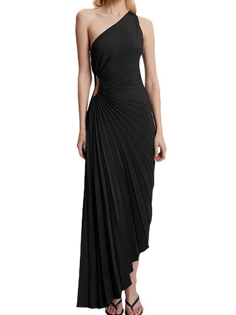Maxi-jurk Dames – Eénschouder Plisséjurk met Asymmetrische Zoom voor Zomer Elegantie