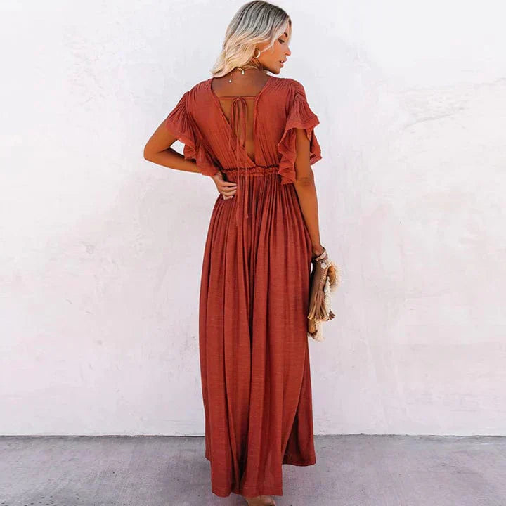 Dames Maxi Jurk – Bohemian Stijl met Open Rug en Vlindermouwen