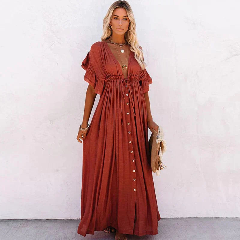 Dames Maxi Jurk – Bohemian Stijl met Open Rug en Vlindermouwen