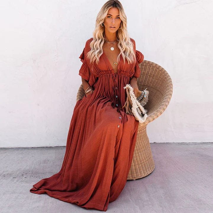 Dames Maxi Jurk – Bohemian Stijl met Open Rug en Vlindermouwen