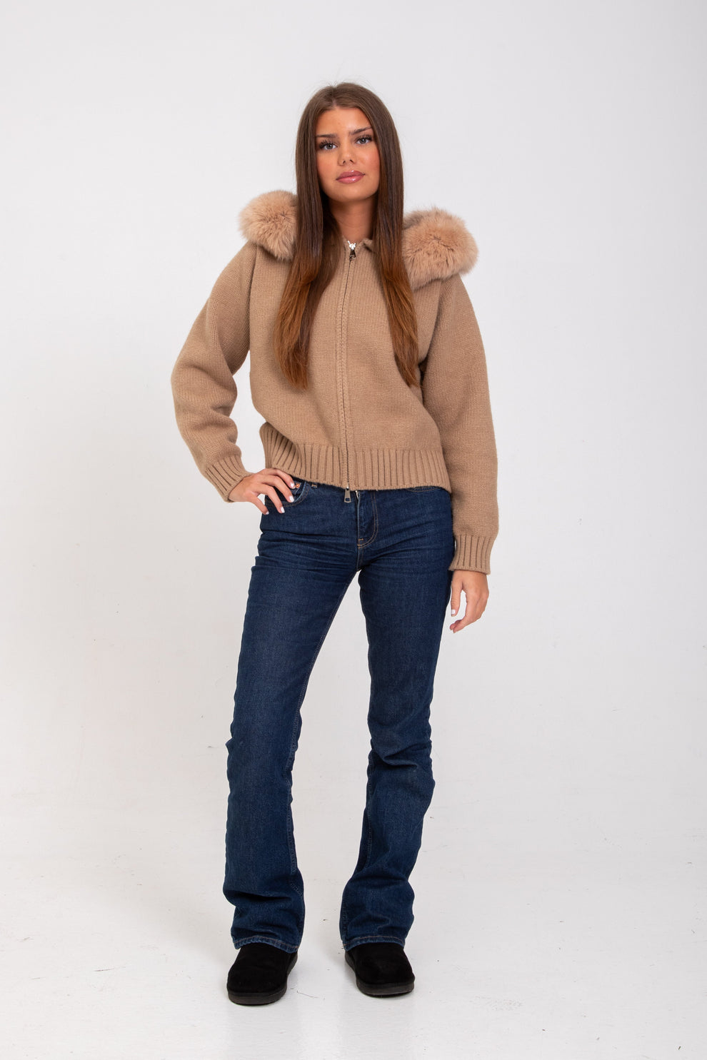 Sienna bontjas dames | Bruine imitatiebont jas met luxe kraag en warme voering