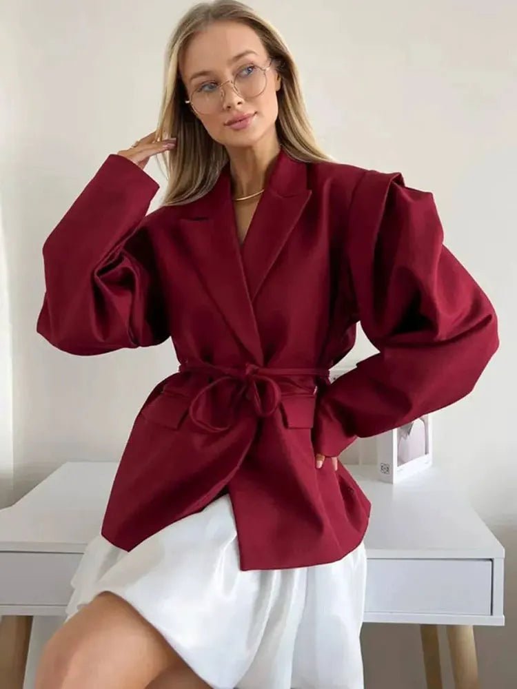Dames Getailleerde Blazer – Met Ceintuur en Wijde Mouwen voor Werk en Casual Gebruik