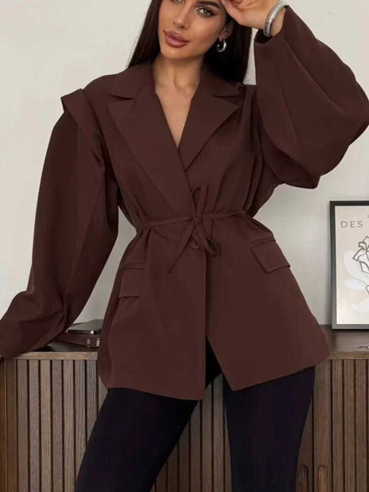 Dames Getailleerde Blazer – Met Ceintuur en Wijde Mouwen voor Werk en Casual Gebruik