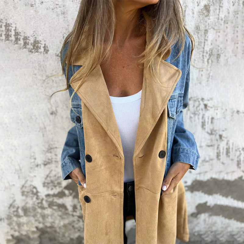 Dames Trenchcoat | Middellange Jas met Denim Stiksels en Elegante Kraag