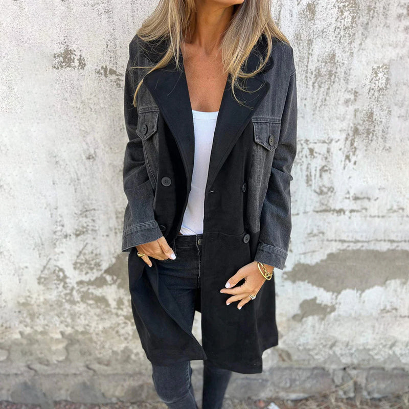 Dames Trenchcoat | Middellange Jas met Denim Stiksels en Elegante Kraag
