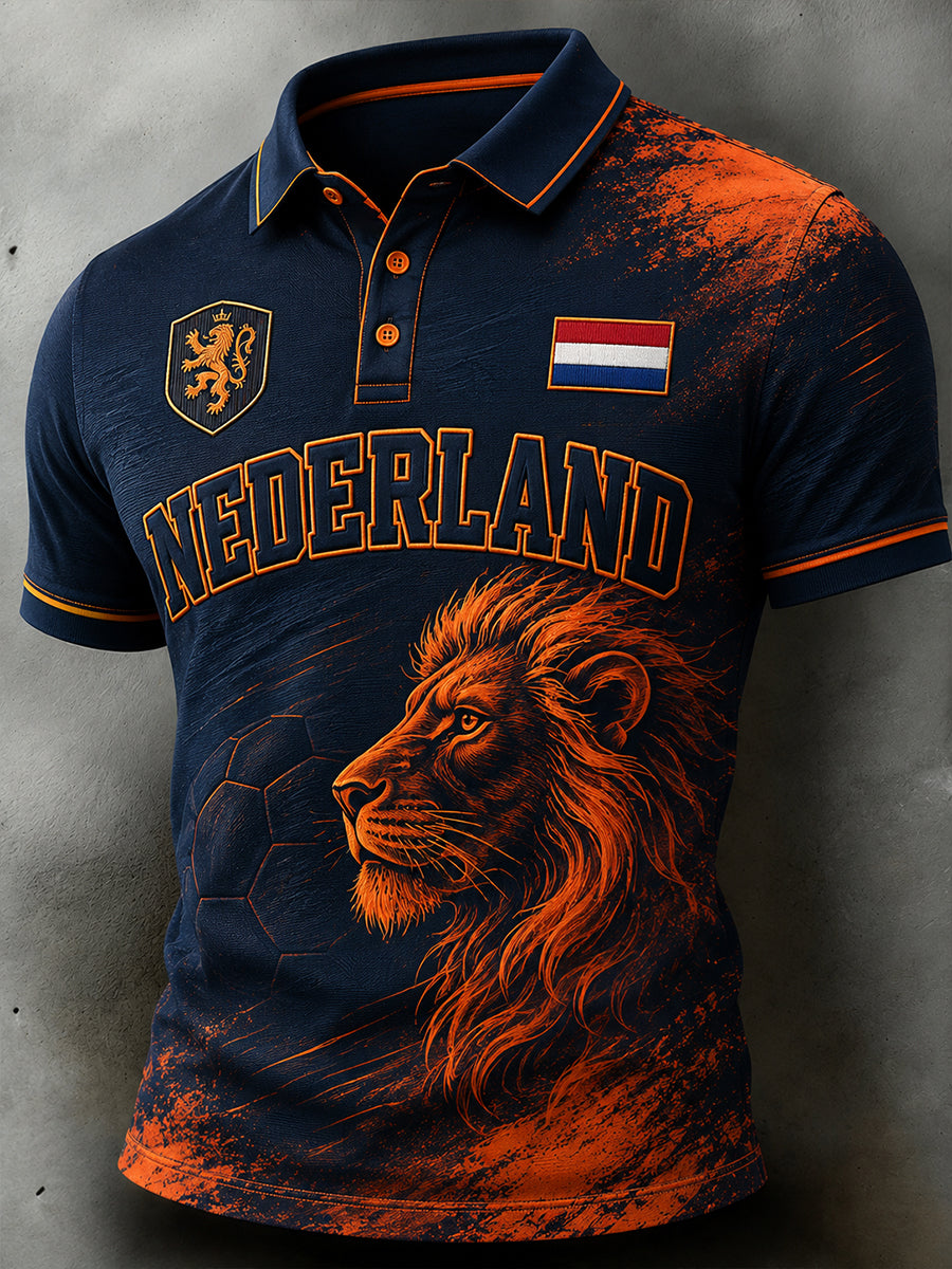 Heren Slim Fit WK Oranje blauw Poloshirt – Korte Mouwen, Geschikt voor Casual en Sportieve Activiteiten