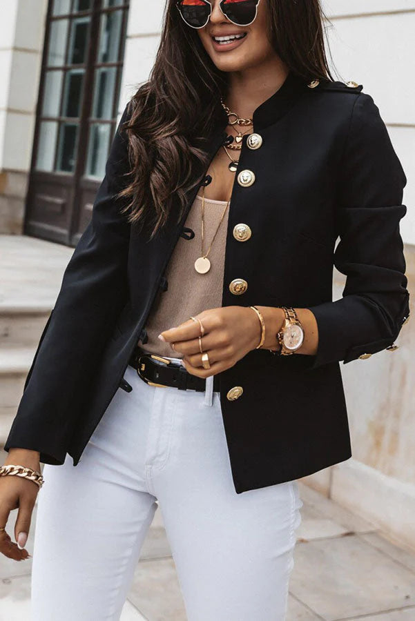 Stacie - Dubbelgerijpte Blazer met Gouden Knopen