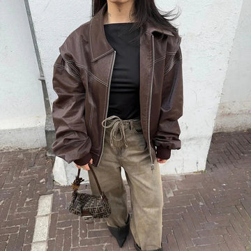 Trendy Bruine Bomberjas | Dames oversized jas van imitatieleer met vintage details