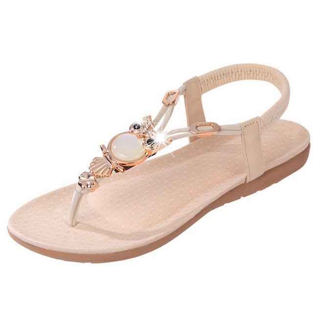 Platte Sandalen voor Dames – PU Leer met Schattig Uilendesign – Comfortabele Elastische Hielband