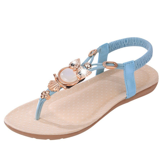 Platte Sandalen voor Dames – PU Leer met Schattig Uilendesign – Comfortabele Elastische Hielband