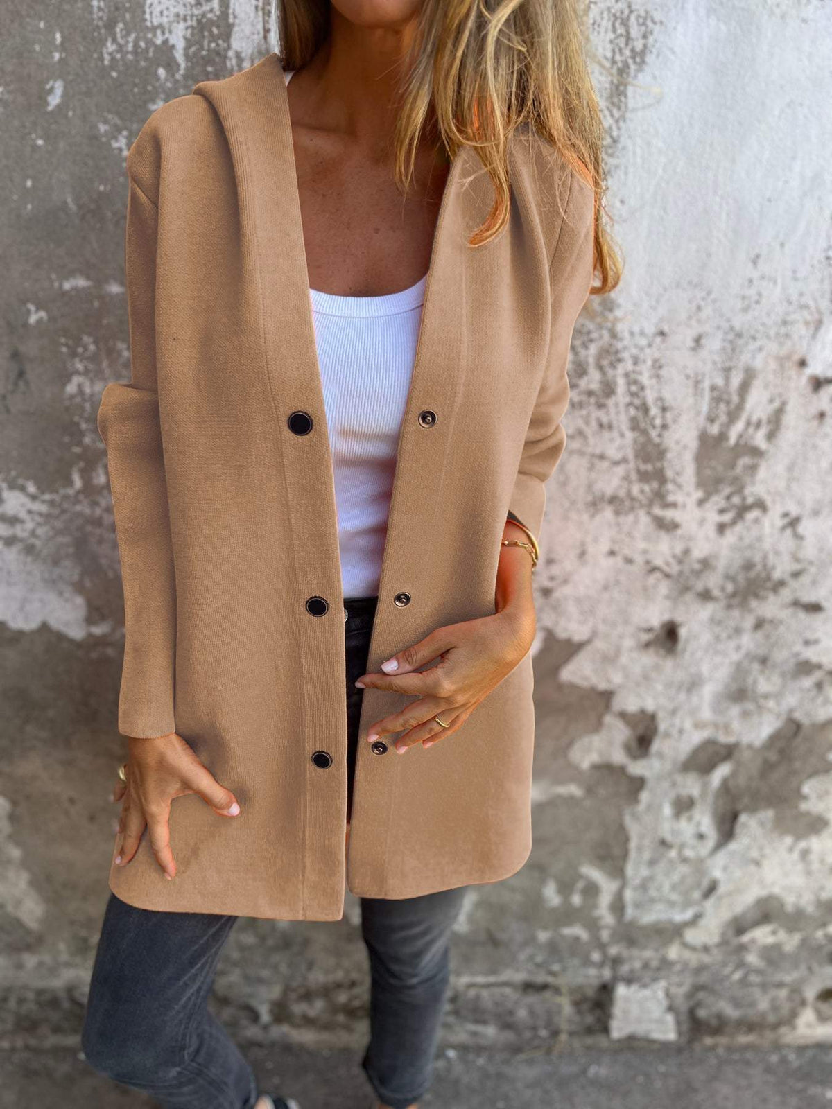 Venus Casual Vest met Capuchon | Damesvest in Katoenmix met Enkelrijige Knoopsluiting