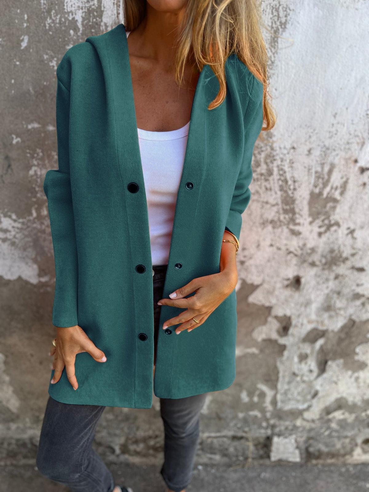 Venus Casual Vest met Capuchon | Damesvest in Katoenmix met Enkelrijige Knoopsluiting