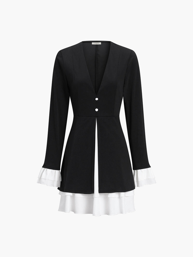 Viviane Blazerjurk | Dames korte V-hals jurk met ruffles en contrastbies