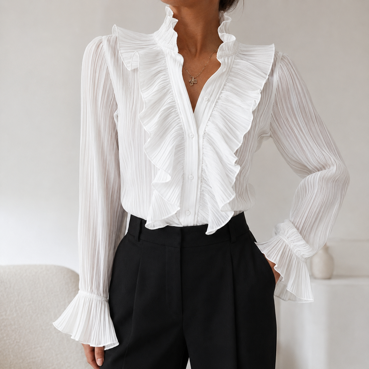 Thalia - Geplooide Blouses Met Opstaande Kraag