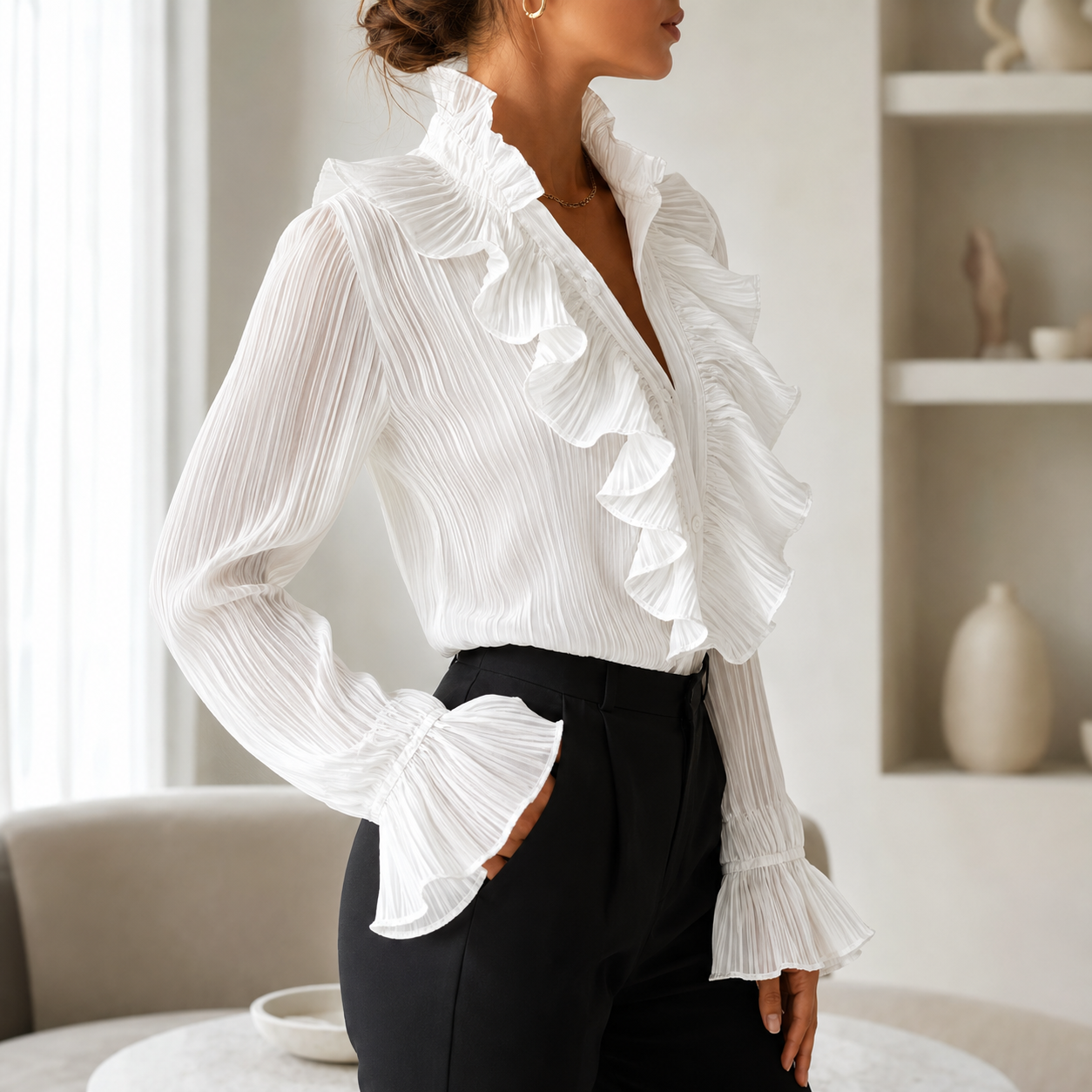 Thalia - Geplooide Blouses Met Opstaande Kraag