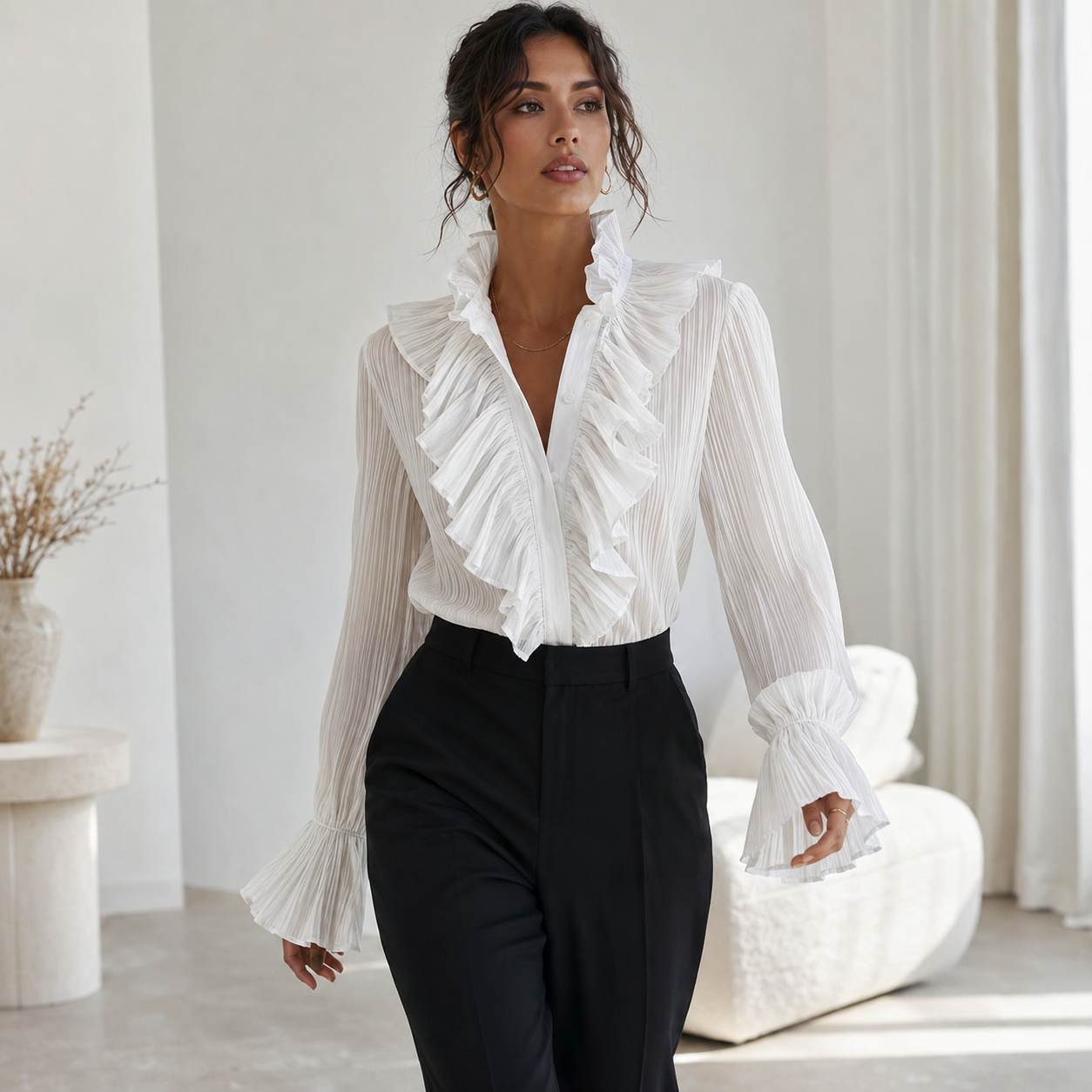 Thalia - Geplooide Blouses Met Opstaande Kraag