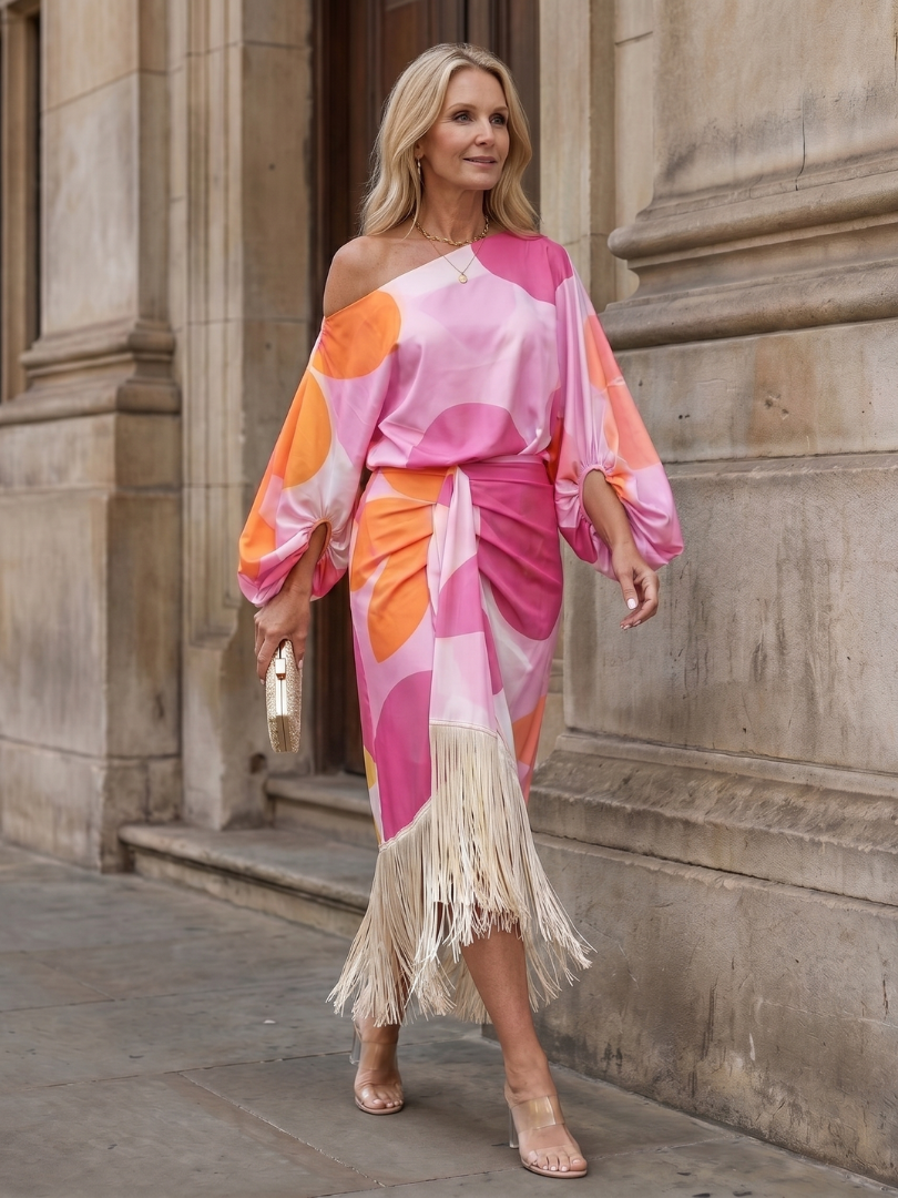 Dames Getailleerde Midi Jurk – Geschikt voor Feestelijke Gelegenheden, Met Een Schouder en Wrap Design