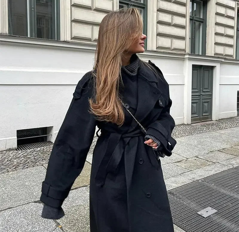 Dames Wollen Trenchcoat met Reverskraag – Dubbelrijs met Ceintuur