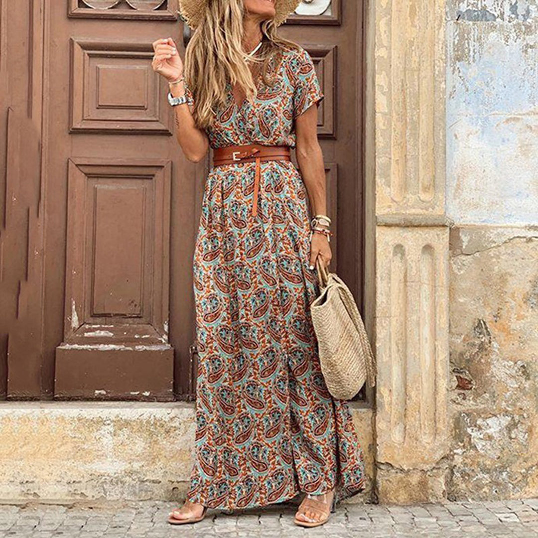 Zaria Boho Maxi Jurk | Damesjurk met V-hals en verstelbare taille in luchtige bohemian stijl