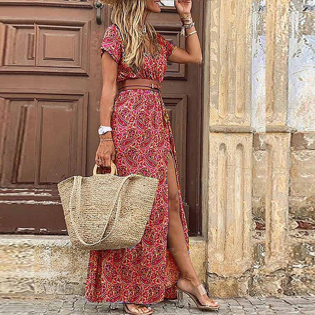 Zaria Boho Maxi Jurk | Damesjurk met V-hals en verstelbare taille in luchtige bohemian stijl