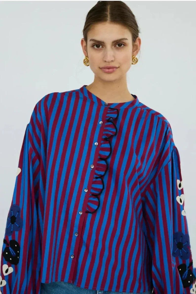 Stephanie - Gestreepte Blouse Met Borduursels