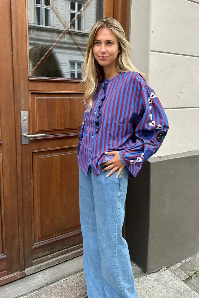 Stephanie - Gestreepte Blouse Met Borduursels