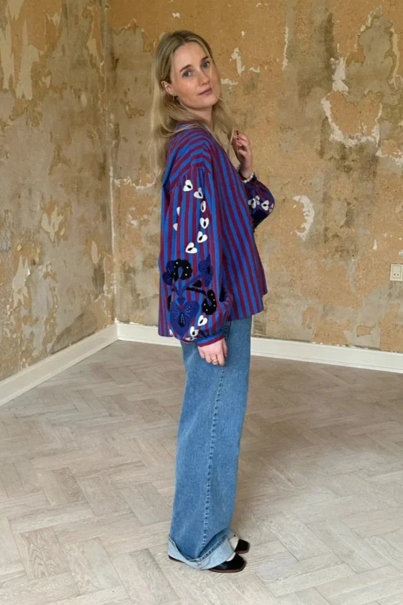 Stephanie - Gestreepte Blouse Met Borduursels