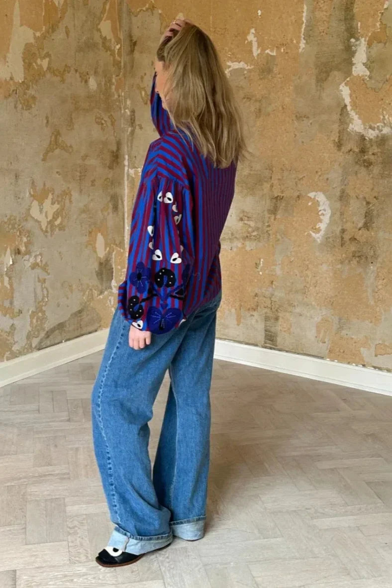 Stephanie - Gestreepte Blouse Met Borduursels